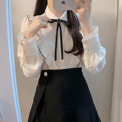Preppy Style Pearl Buckle Bow Ruffled Collar Shirt eprolo