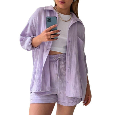 Spring Champray Lapel Long Sleeve Shirt High Waist Drawstring Shorts Plus Size Fashion Casual Set eprolo