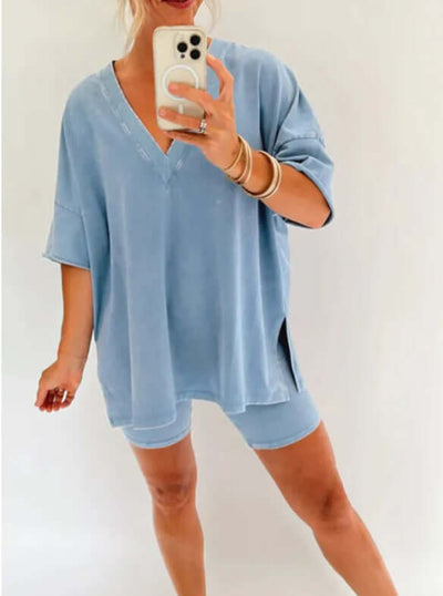 Women's V-Neck Denim-like Short-sleeved T-shirt Casual Shorts Suit eprolo