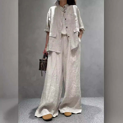 Solid Color Linen Suit Half Sleeve Shirt Casual Pants eprolo