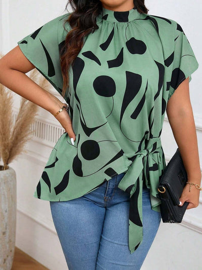Plus-size Irregular Print Blouse For Women - Elegant Short-sleeve Work Top For Summer eprolo