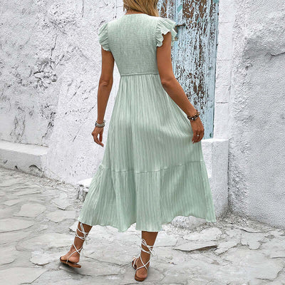 New V-neck slit fresh light green textured dress for women eprolo