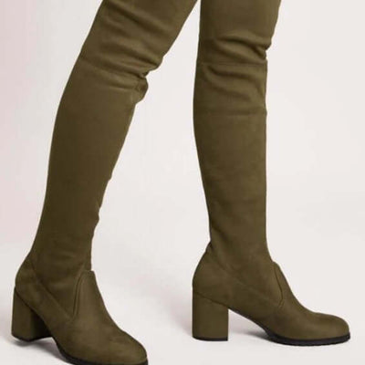 Mid-high chunky heel stretch boots in solid olive green, featuring round toes and high cylinder design.