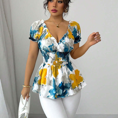 Multicolor tie-dye vacation deep V-neck shirt with short sleeves, featuring floral patterns and a slim fit.