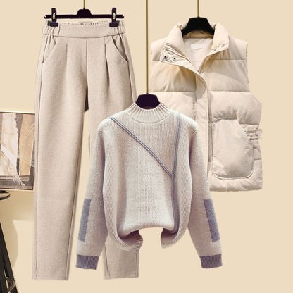 New Women's Thickened Vest Turtleneck Knitting Sweater Baggy Pants Three-piece Set eprolo