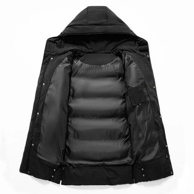 Interior view of a black thick mid-length cotton-padded jacket, showcasing a warm and padded lining.