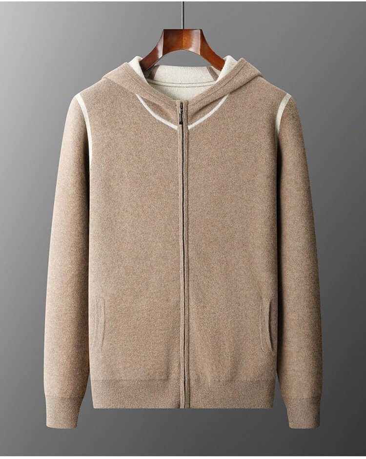 Men's thick camel color hooded casual zip suit, perfect for leisure with a soft cashmere blend.