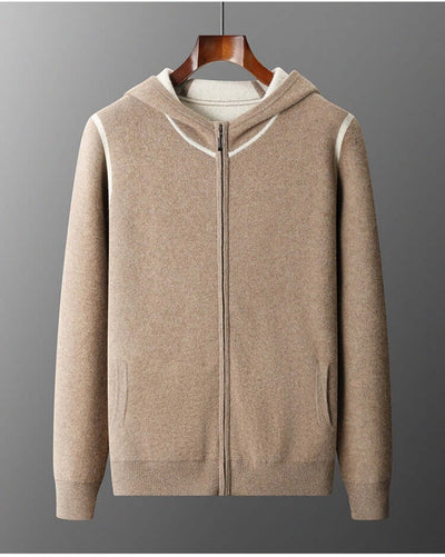 Men's thick camel color hooded casual zip suit, perfect for leisure with a soft cashmere blend.