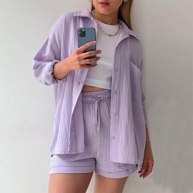 Spring Champray Lapel Long Sleeve Shirt High Waist Drawstring Shorts Plus Size Fashion Casual Set eprolo