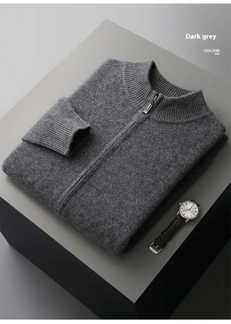Dark grey wool cardigan with stand collar and zipper, displayed flat with a watch, perfect for autumn and spring.