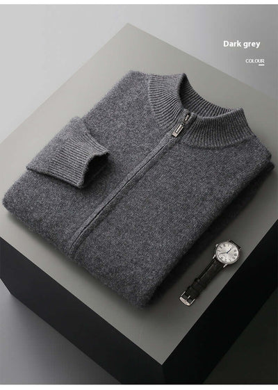 Dark grey wool cardigan with stand collar and zipper, displayed flat with a watch, perfect for autumn and spring.