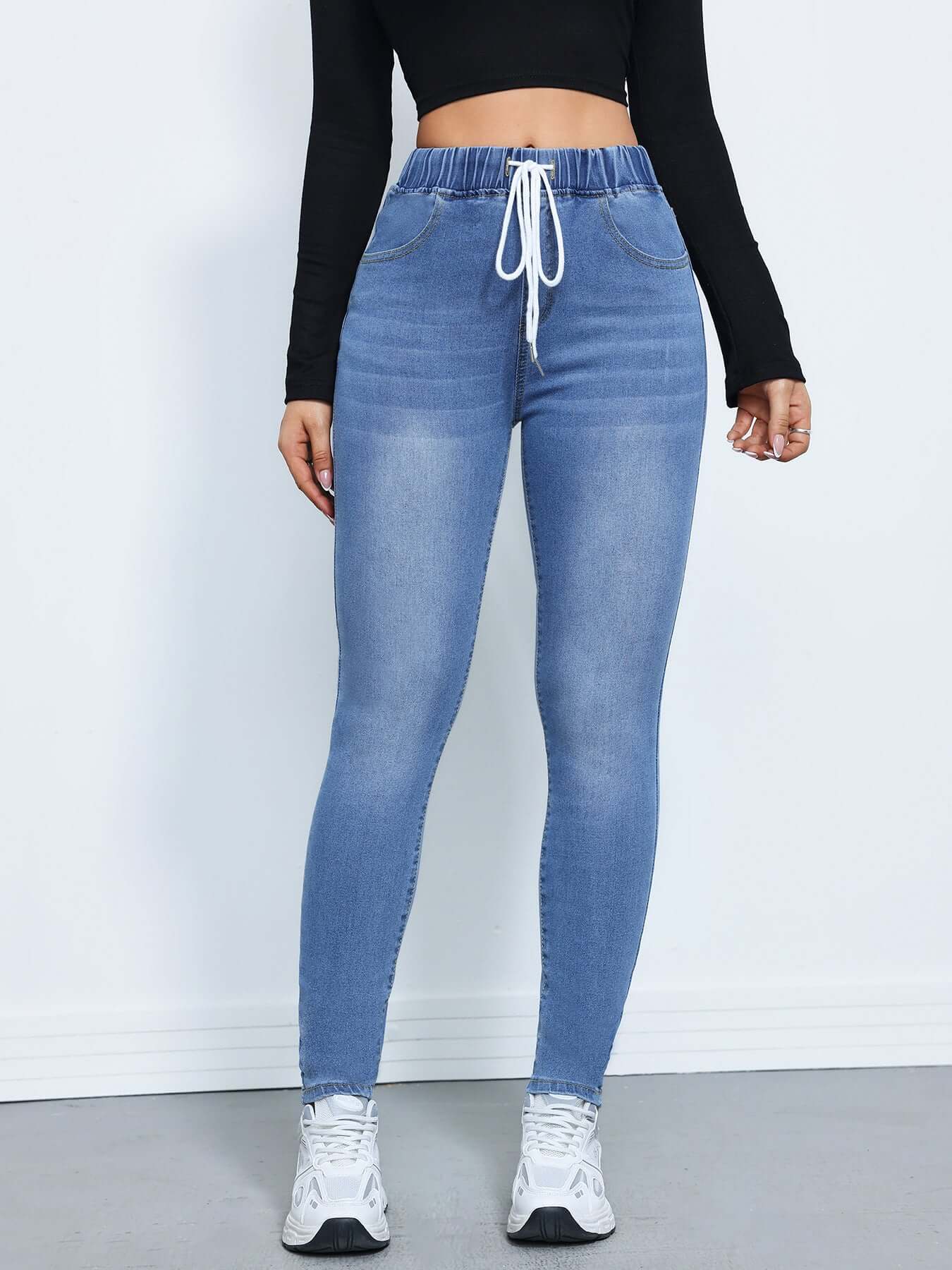 Women's Denim Trousers Autumn And Winter Drawstring Elastic Waist High Elastic Feet Dropshipman