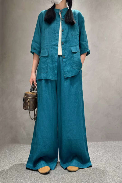 Solid Color Linen Suit Half Sleeve Shirt Casual Pants eprolo