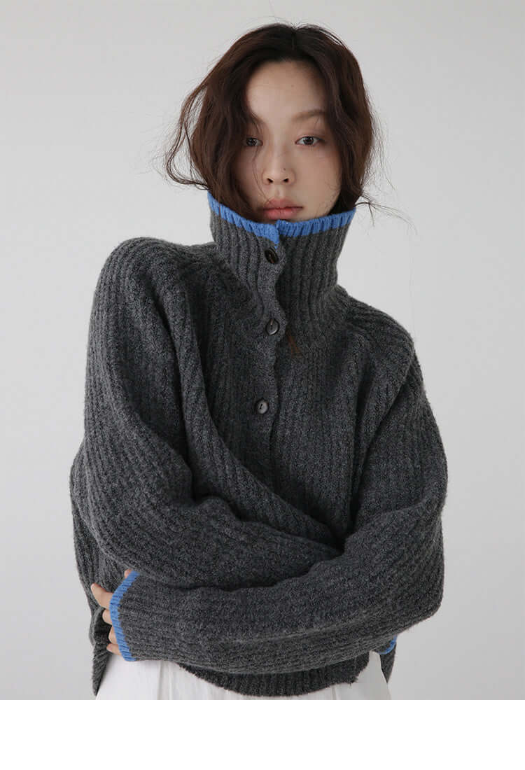 Color Blocking Collar Single Breasted Wool Knitted Cardigan Jacket eprolo