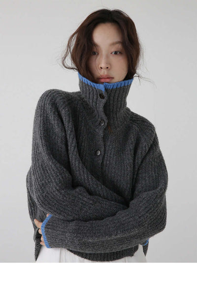 Color Blocking Collar Single Breasted Wool Knitted Cardigan Jacket eprolo