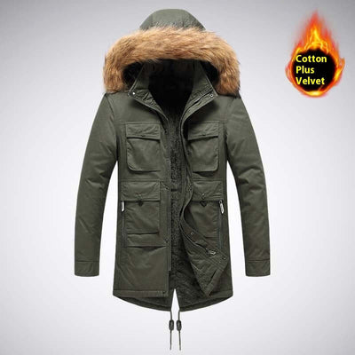 Men's velvet thermal coat in army green with fur-lined hood and multiple pockets, perfect for autumn and winter wear.