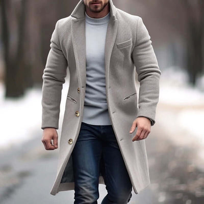 Men's woolen mid-length trench coat in light gray, featuring a straight hem and pockets, perfect for winter leisure wear.