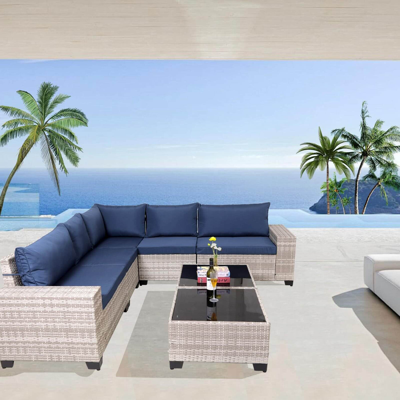 7-Piece Outdoor Patio Furniture Sets, All-Weather Wicker Rattan Sectional Sofa, Modern Two Glass Coffee Table And Washable Seat Cushion eprolo