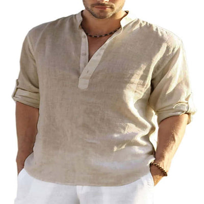 Men's Casual Cotton Linen Solid Color Long Sleeve Shirt Loose Stand Collar Astrazona
