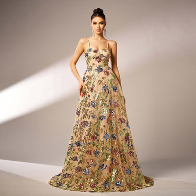 "Chic Sleeveless Sequined Evening Dress with Suspender Detail Dropshipman