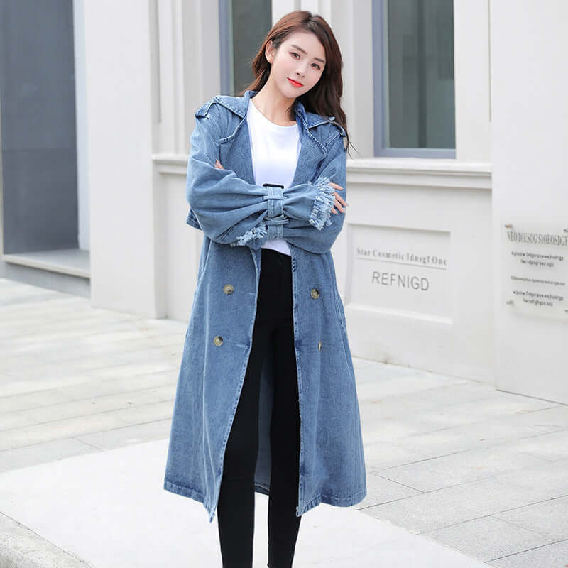 Loose Mid-length Coat With Belt Double Breasted Denim Women's Windbreaker eprolo