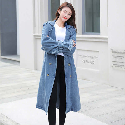 Loose Mid-length Coat With Belt Double Breasted Denim Women's Windbreaker eprolo