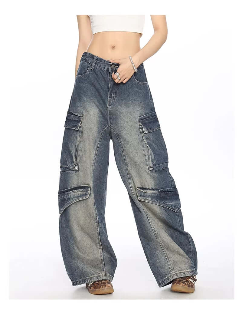 Washed Multi-pocket Denim Matchet Pants Dropshipman