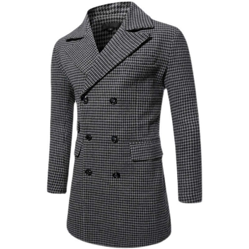 Men's mid-length plaid overcoat in dark gray and brown, featuring a double-breasted design and stylish British style.