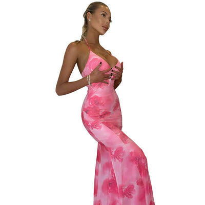 Casual Printed Backless Sling Slim Fishtail Length Dress Dropshipman
