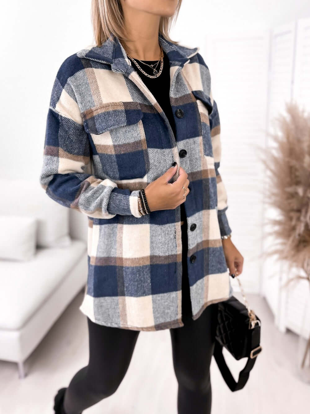 Long-sleeved Single-breasted Plaid Print Shirt Collar Woolen Jacket eprolo