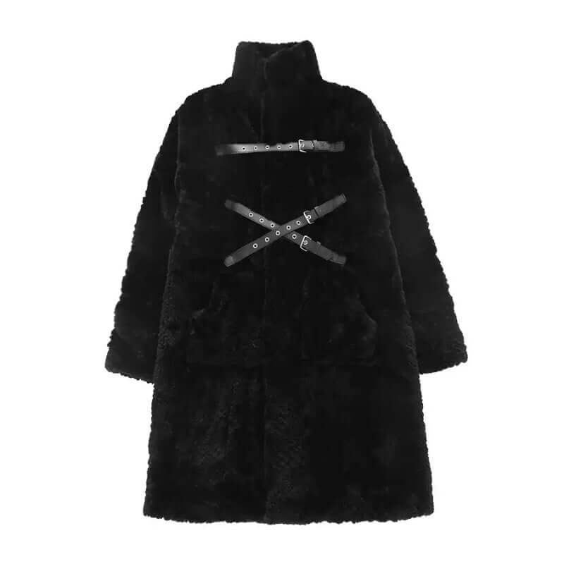 Dark style imitation fur plush coat for women, mid-length with long sleeves and stand collar, featuring unique strap detail.