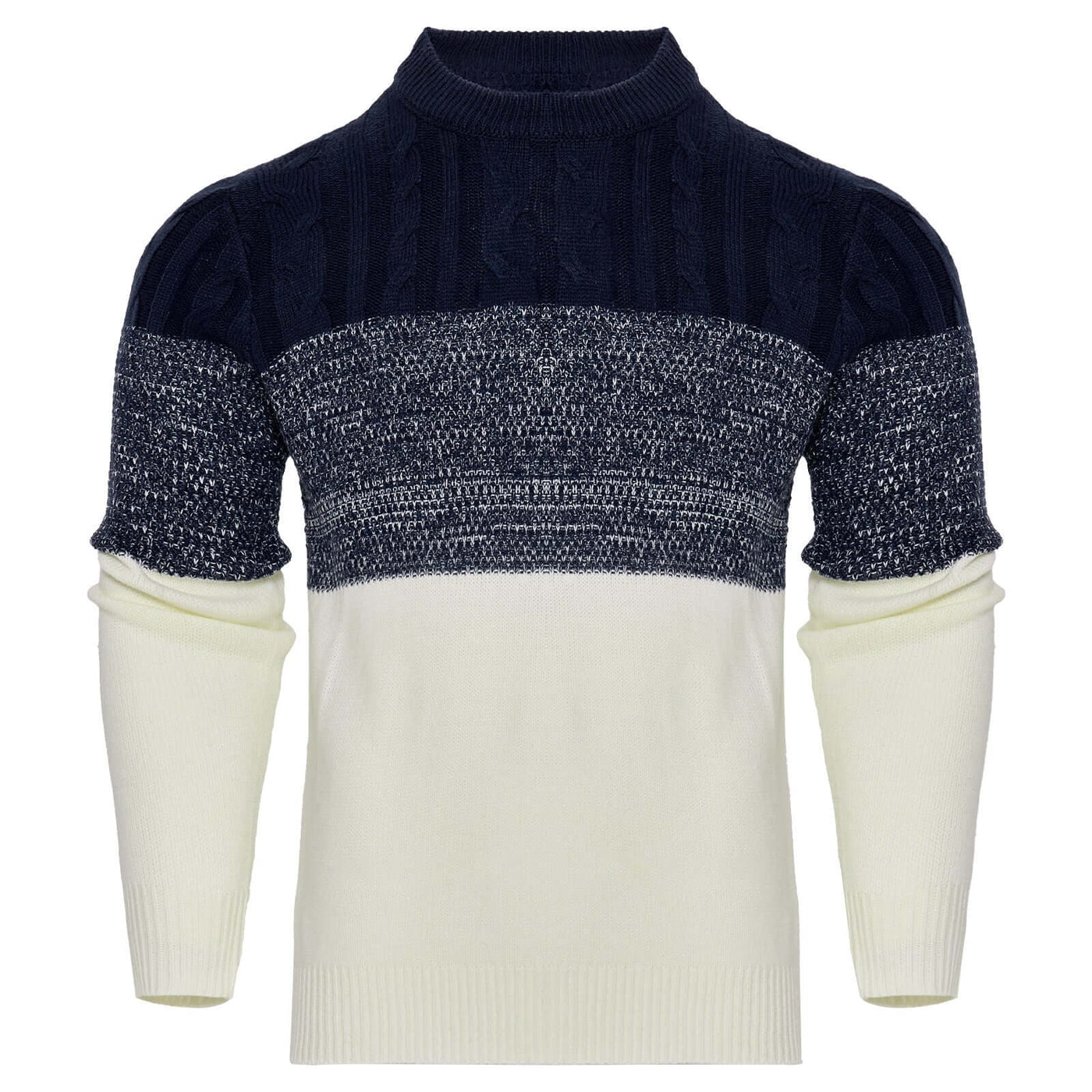 Men's knitted sweater pullover with navy and cream design, perfect for fall and winter fashion.