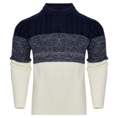 Men's knitted sweater pullover with navy and cream design, perfect for fall and winter fashion.