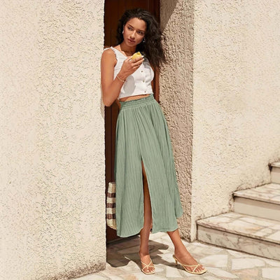 Split High Waist Elastic Waist Long Holiday Skirt eprolo
