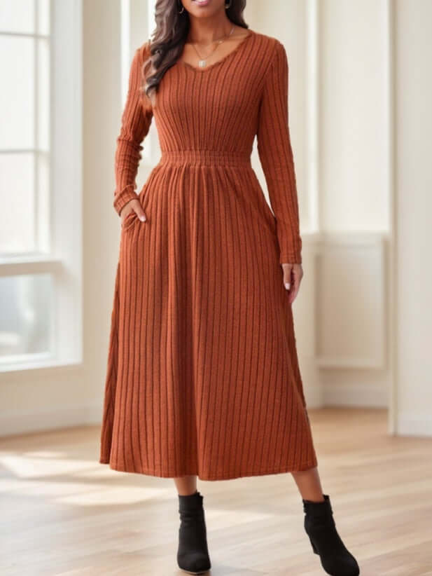 Women's Fall Solid Color Casual Long Sleeve Midi Dress With Belt Decoration eprolo