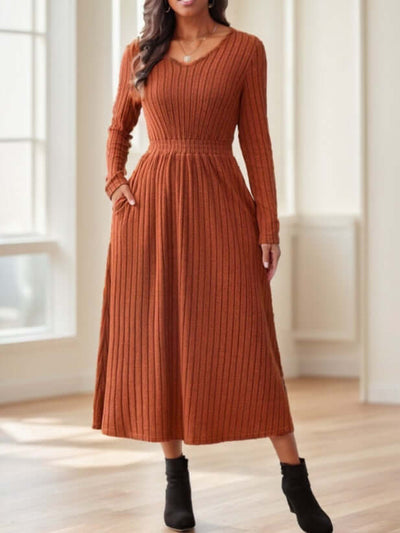 Women's Fall Solid Color Casual Long Sleeve Midi Dress With Belt Decoration eprolo