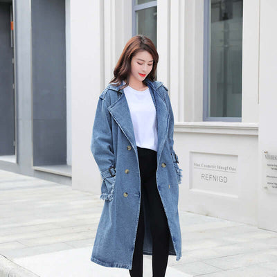 Loose Mid-length Coat With Belt Double Breasted Denim Women's Windbreaker eprolo