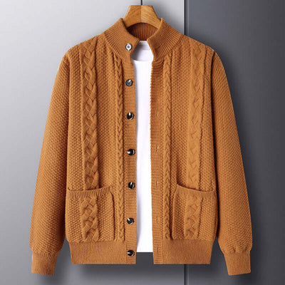 Stylish new single-breasted men's cardigan in brown with pockets and unique cable knit design, perfect for a fashionable look.