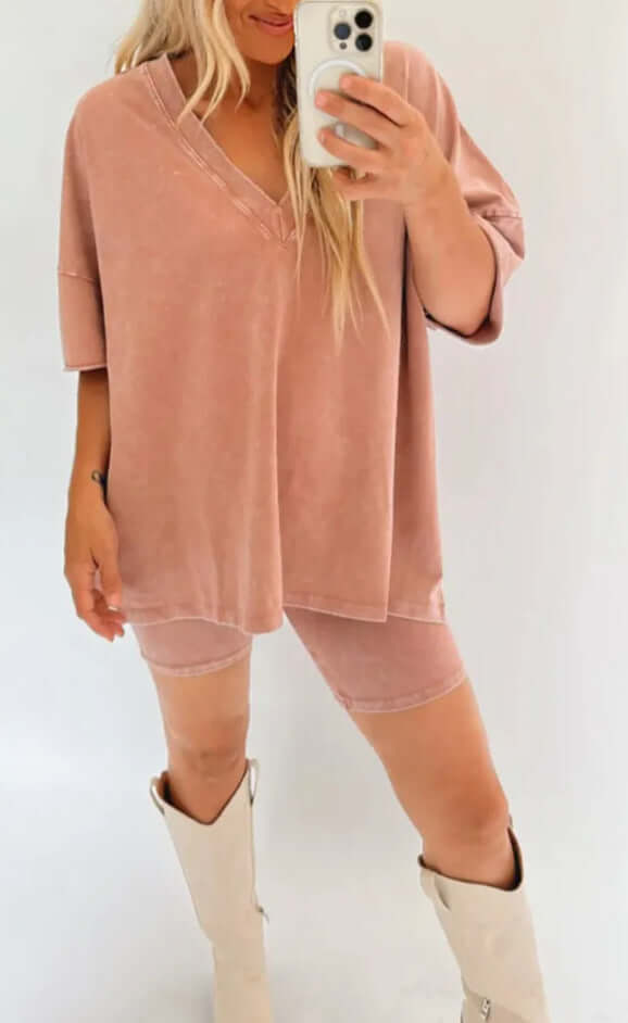 Women's V-Neck Denim-like Short-sleeved T-shirt Casual Shorts Suit eprolo