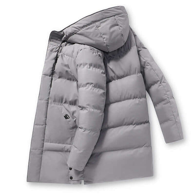 Gray thick mid-length cotton-padded jacket for men with a hood, perfect for keeping warm in cold weather.