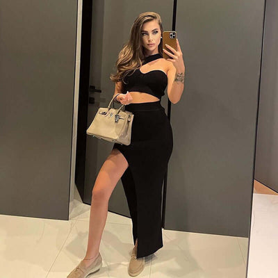 Summer Fashion Temperament Slim Fit Sexy Spicy Girl Outfit Solid Color Slit Thread Skirt Set eprolo