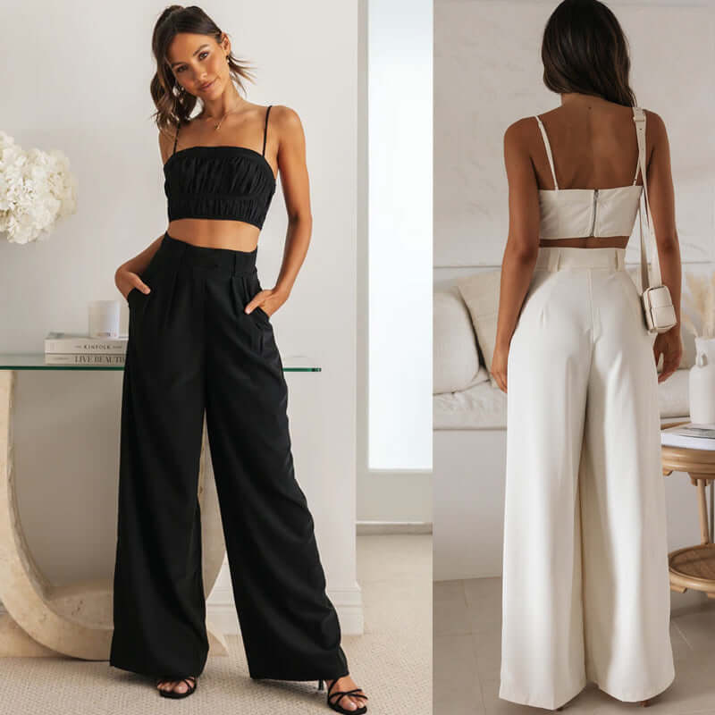 Women's Solid Color Sleeveless Suspender Short Top And Pants Set eprolo