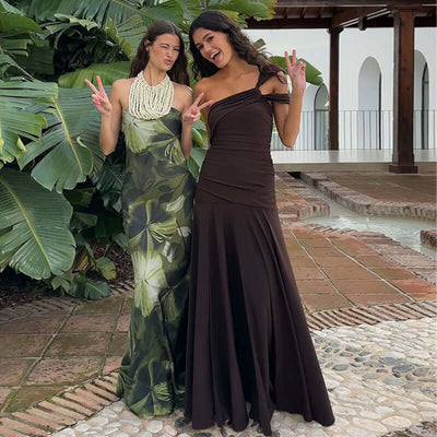 Summer Cold-shoulder Bodycon Pleated Suspender Long Dress Astrazona