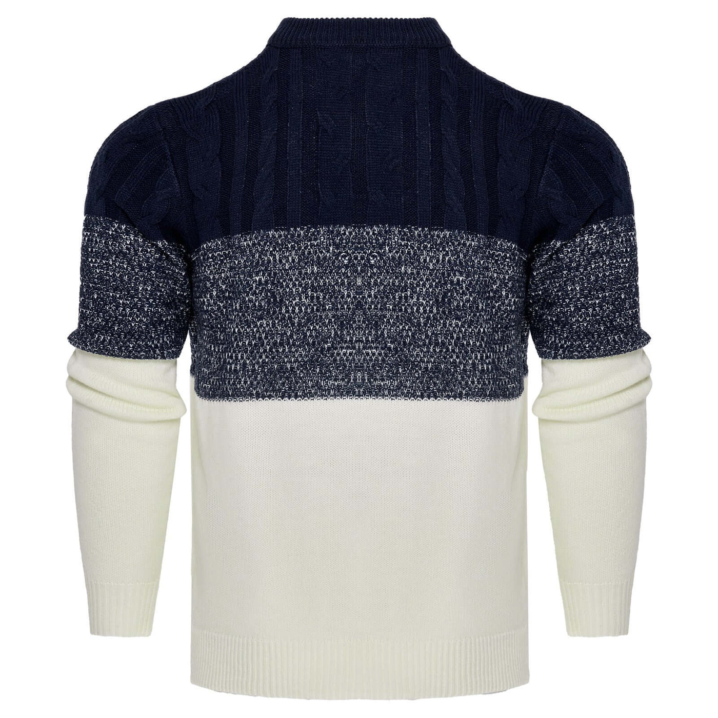 Men's long-sleeved knitted sweater in navy blue and cream, showcasing a stylish multi-tone design for fall and winter.