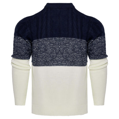Men's long-sleeved knitted sweater in navy blue and cream, showcasing a stylish multi-tone design for fall and winter.