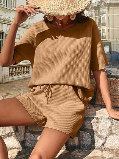 Waffle-Knit Half Sleeve Top and Shorts Set eprolo