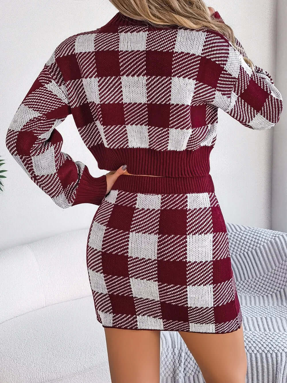 Plaid Round Neck Top and Skirt Sweater Set eprolo