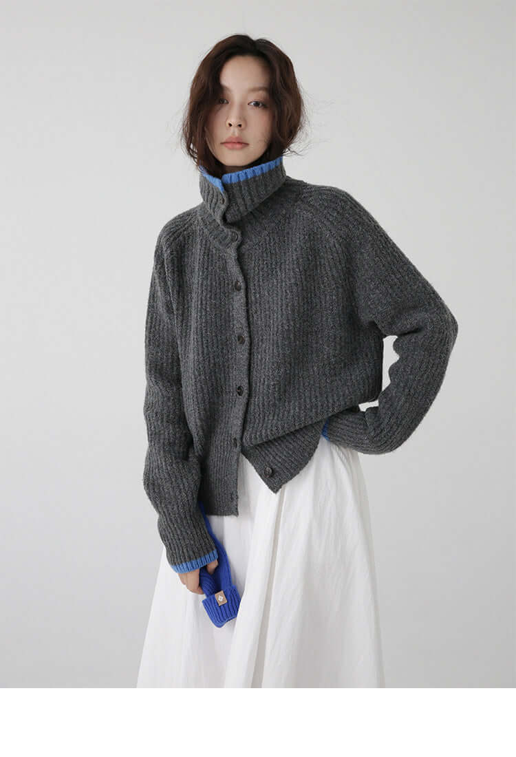 Color Blocking Collar Single Breasted Wool Knitted Cardigan Jacket eprolo