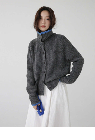 Color Blocking Collar Single Breasted Wool Knitted Cardigan Jacket eprolo