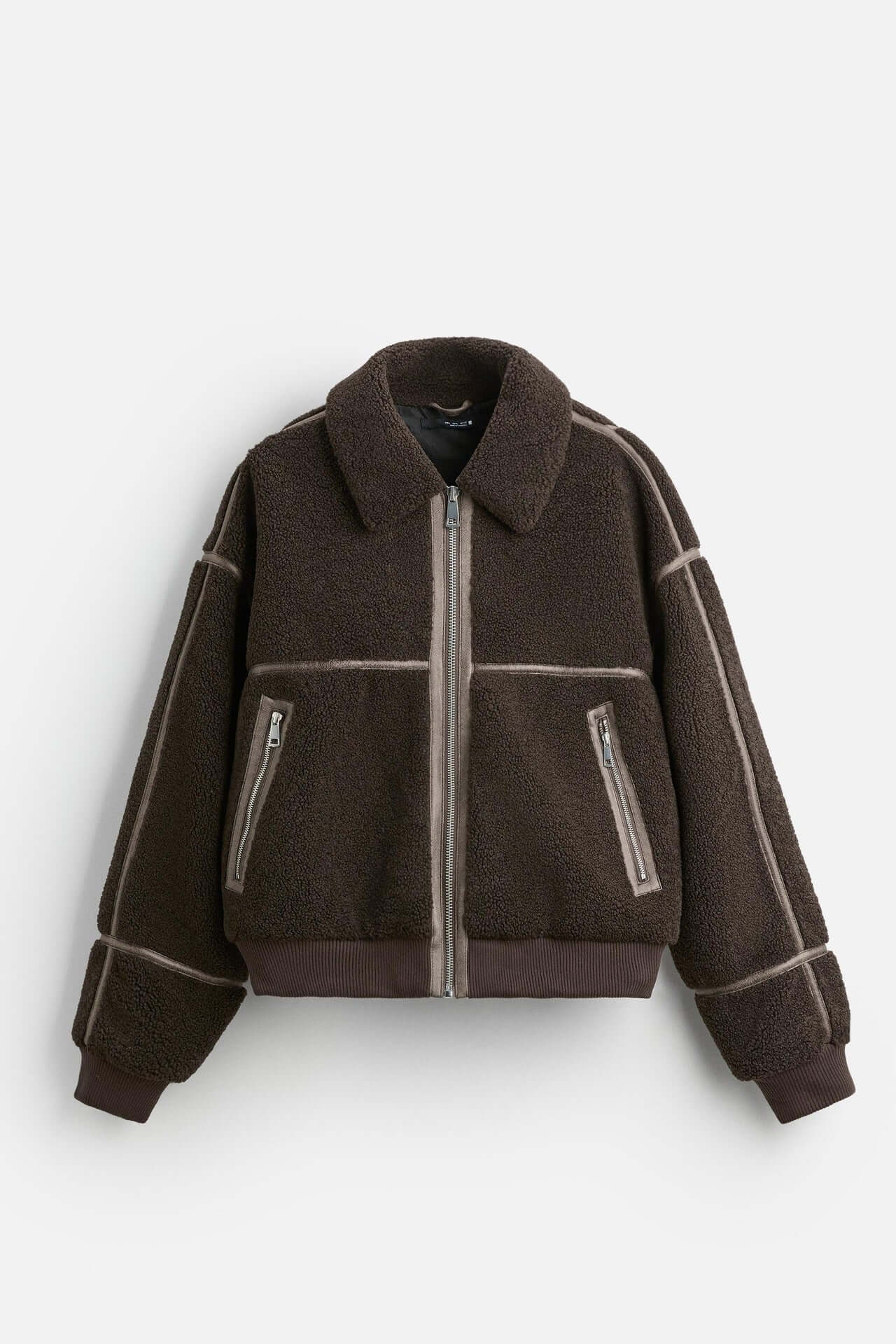 Men's casual lapel fleece jacket in dark brown color, suitable for winter, featuring zipper pockets and regular fit.
